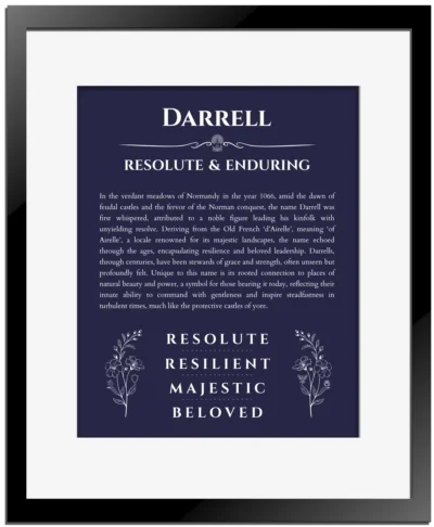 Darrell name meaning wall art by Get Your Story in navy blue with black matte frame