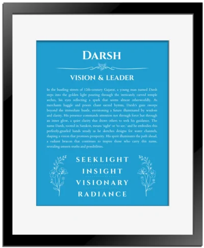 Darsh name meaning gift print in blue with black matte frame