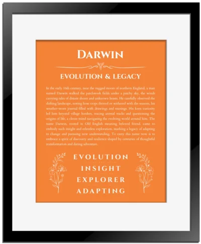 Darwin personalized wall art with the story of your name in orange with black matte frame
