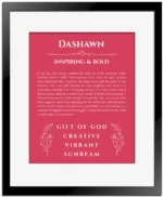Dashawn name origin print with meaning and traits in red with black matte frame