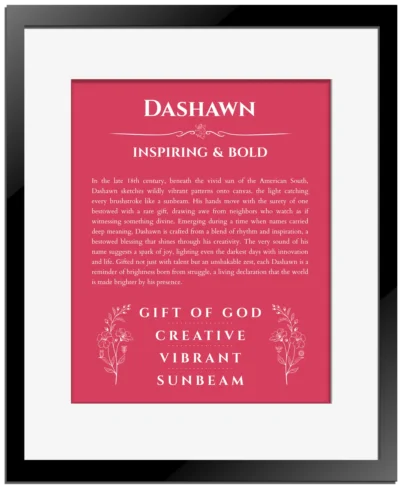 Dashawn name origin print with meaning and traits in red with black matte frame