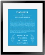 Dashiell personalized name art with origin story in blue with black matte frame