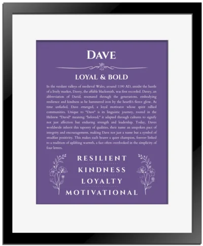 Dave custom name meaning print in purple with black matte frame
