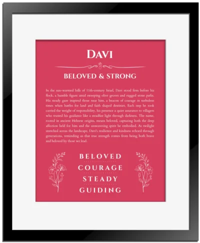 Davi name meaning wall art by Get Your Story in red with black matte frame
