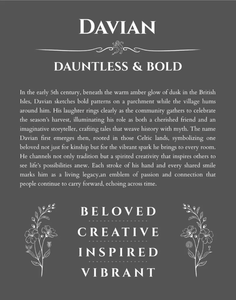 Davian personalized name print with origin and traits in gray