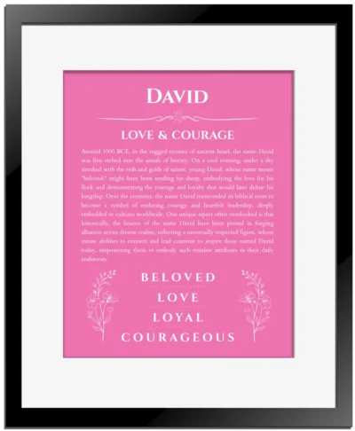 David personalized name meaning print in pink with black matte frame