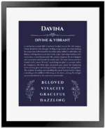 Davina name meaning wall art by Get Your Story in navy blue with black matte frame