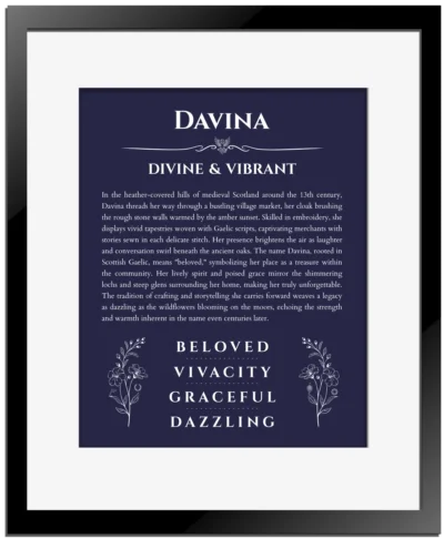 Davina name meaning wall art by Get Your Story in navy blue with black matte frame