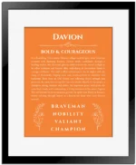 Davion name meaning gift print in orange with black matte frame