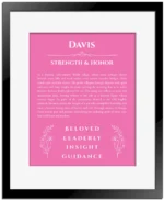 Davis custom name meaning print in pink with black matte frame