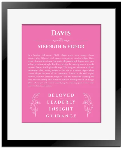 Davis custom name meaning print in pink with black matte frame