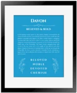 Davon personalized wall art with the story of your name in blue with black matte frame