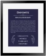 Davonte name meaning gift print in navy blue with black matte frame