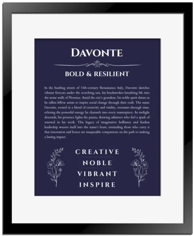 Davonte name meaning gift print in navy blue with black matte frame