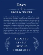 Davy personalized name print with origin and traits in deep blue