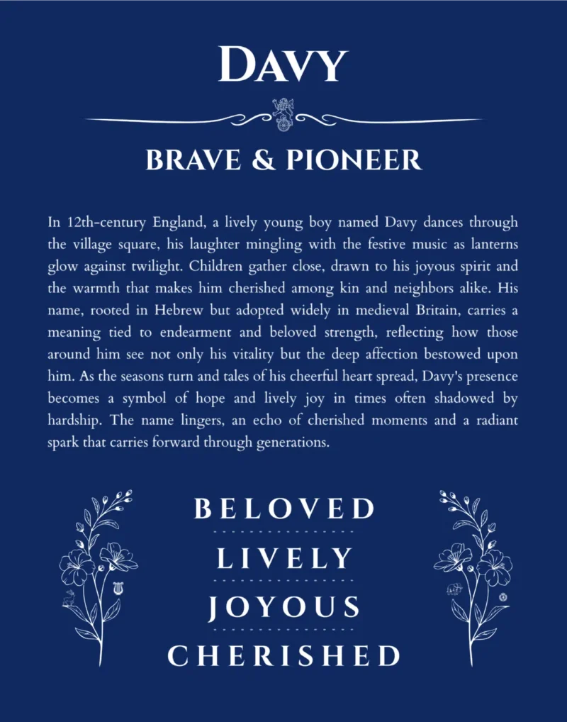 Davy personalized name print with origin and traits in deep blue