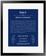 Davy personalized name print with origin and traits in deep blue with black matte frame