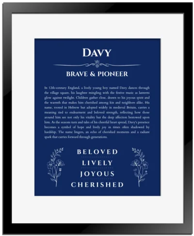 Davy personalized name print with origin and traits in deep blue with black matte frame