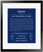 Dawn personalized name print with origin and traits in deep blue with black matte frame
