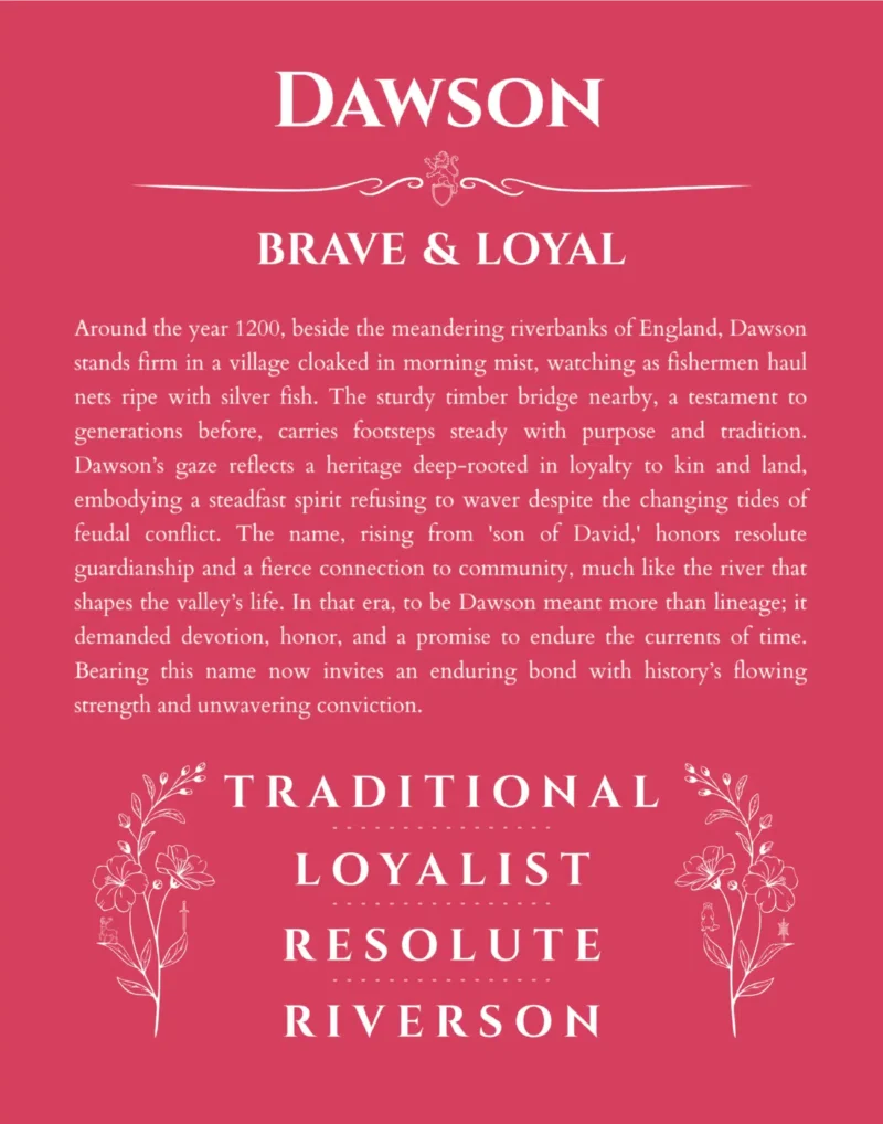 Dawson name origin print with meaning and traits in red
