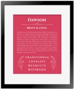 Dawson name origin print with meaning and traits in red with black matte frame