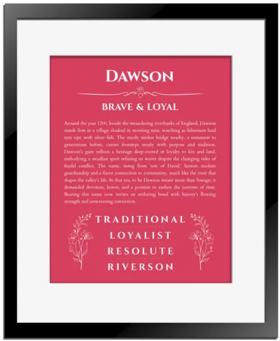 Dawson name origin print with meaning and traits in red with black matte frame