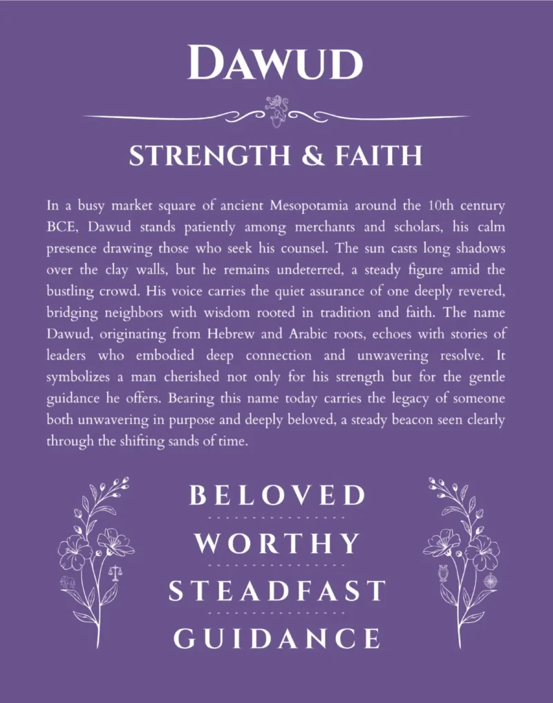 Dawud personalized name print with origin and traits in purple