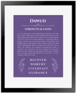 Dawud personalized name print with origin and traits in purple with black matte frame