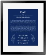Dax custom name print for wall display in deep blue with black matte frame
