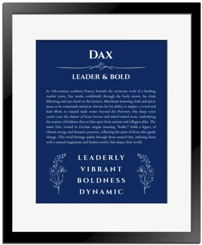 Dax custom name print for wall display in deep blue with black matte frame