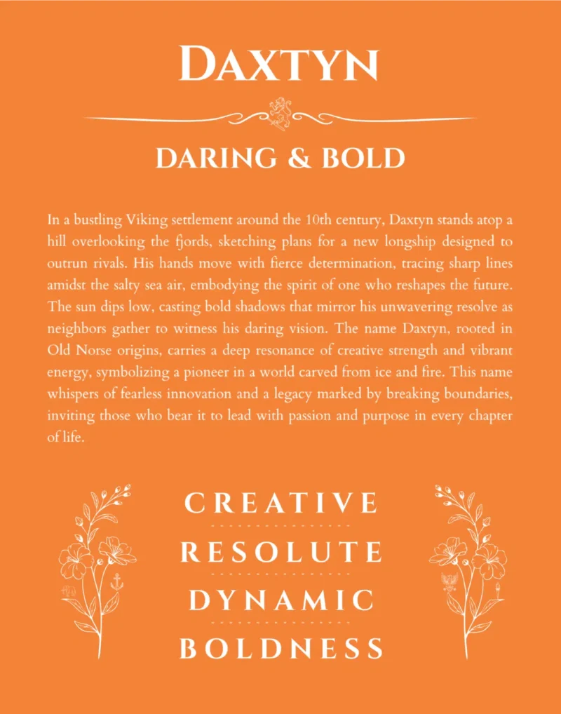Daxtyn personalized name art with origin story in orange