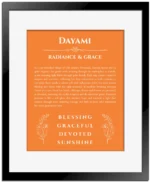 Dayami custom name meaning print in orange with black matte frame
