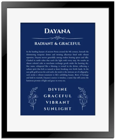 Dayana personalized name meaning print in deep blue with black matte frame