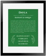 Dayla personalized wall art with the story of your name in dark green with black matte frame