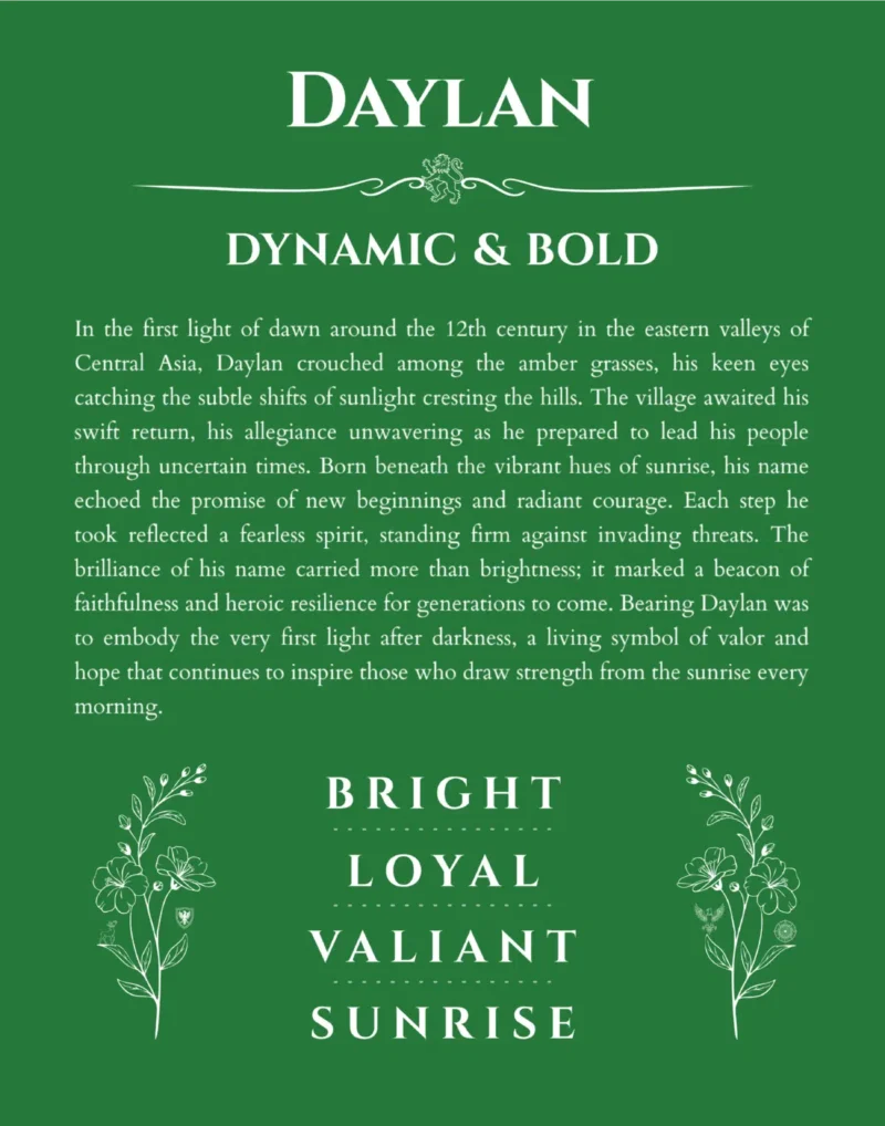 Daylan name origin print with meaning and traits in dark green