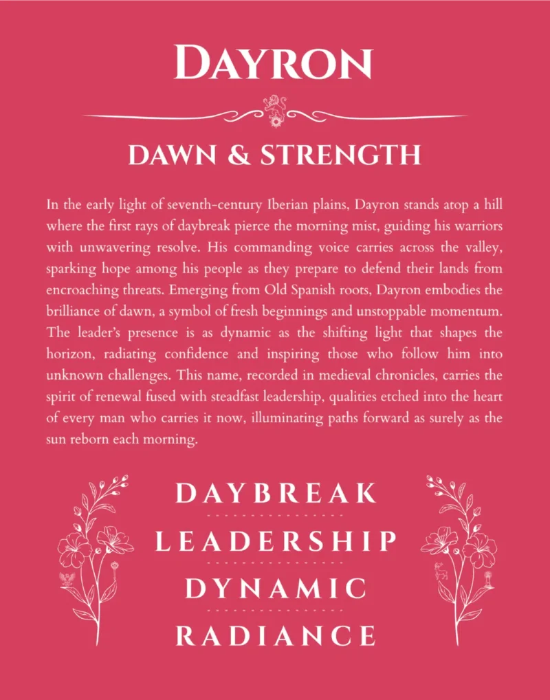 Dayron name origin print with meaning and traits in red