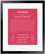 Dayron name origin print with meaning and traits in red with black matte frame