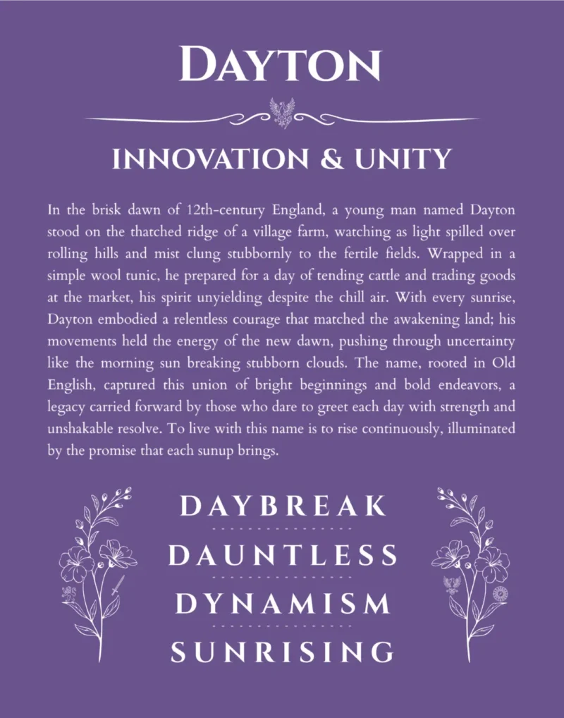 Dayton name origin print with meaning and traits in purple