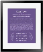 Dayton name origin print with meaning and traits in purple with black matte frame