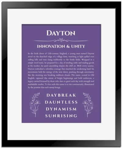 Dayton name origin print with meaning and traits in purple with black matte frame