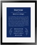Dayvon custom name print for wall display in deep blue with black matte frame