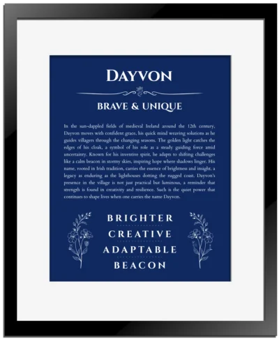 Dayvon custom name print for wall display in deep blue with black matte frame
