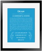 Dean personalized name meaning print in blue with black matte frame