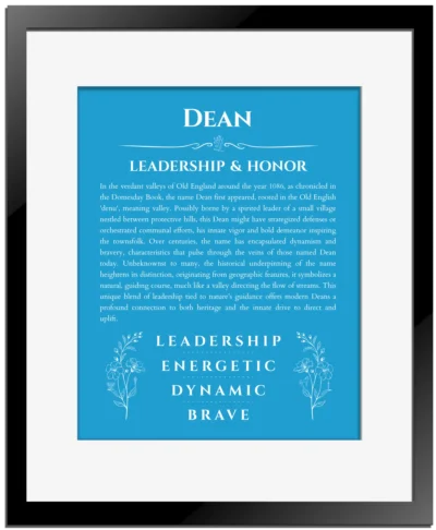 Dean personalized name meaning print in blue with black matte frame