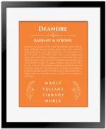 Deandre personalized name meaning print in orange with black matte frame