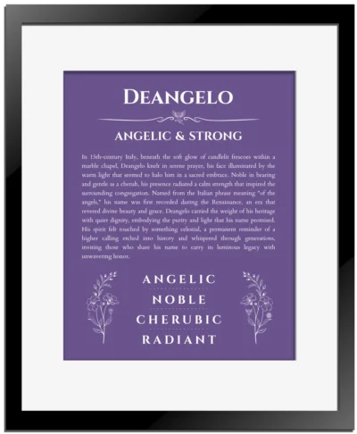 Deangelo name meaning gift print in purple with black matte frame