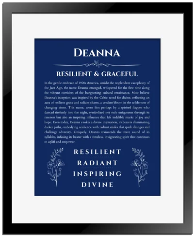 Deanna custom name meaning print in deep blue with black matte frame