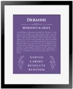Debanhi personalized name art with origin story in purple with black matte frame