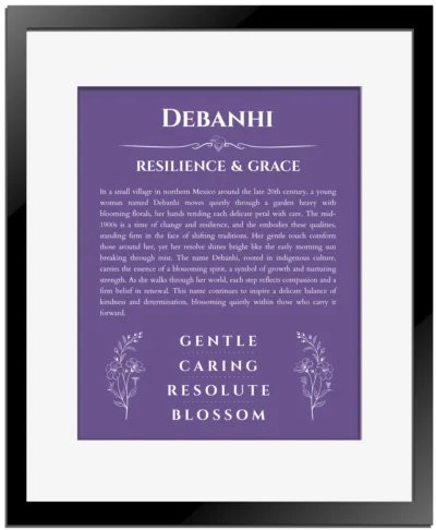 Debanhi personalized name art with origin story in purple with black matte frame