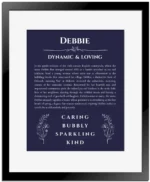 Debbie name meaning wall art by Get Your Story in navy blue with black matte frame